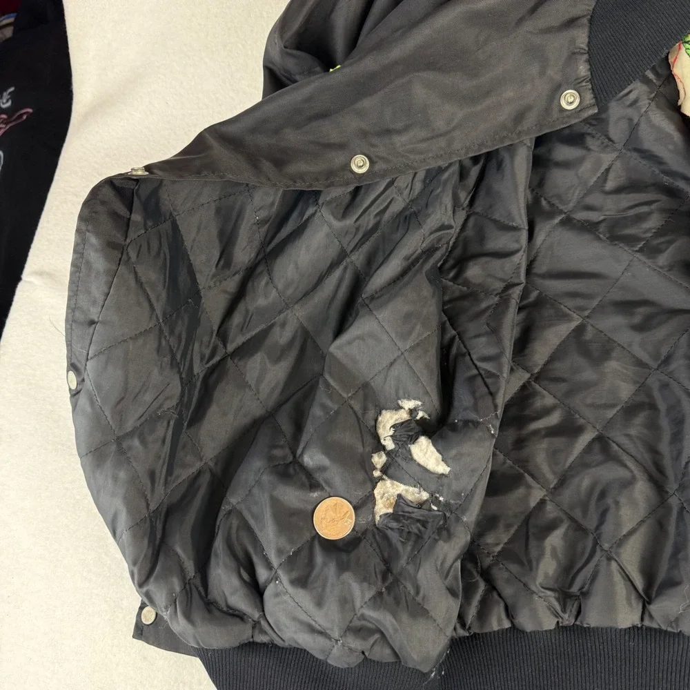 80s Vintage WestArk Los Amigos Team Bomber Jacket Black Satin Mens XL USA